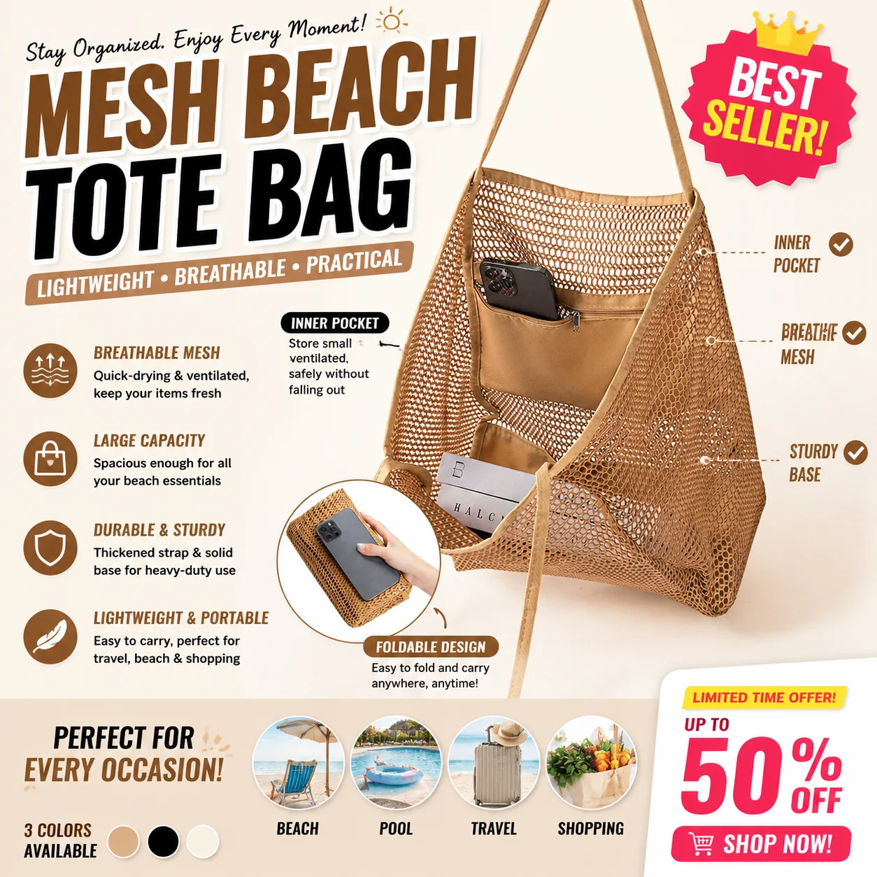 

Foldable beach bag for outdoor travel, single shoulder tote bag, large capacity clothing and miscellaneous storage bag