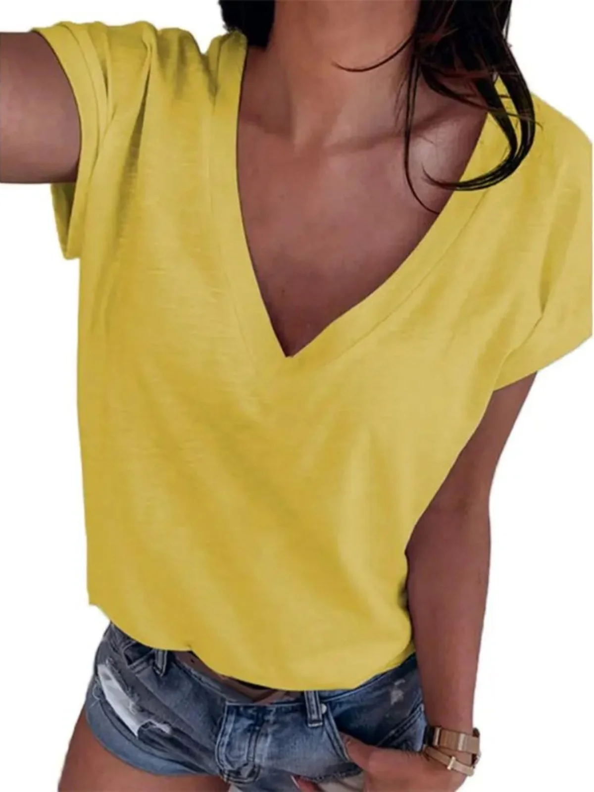 

Casual V-Ne ort Sve Women's T-irt Pure Color Street Sle Loose Fit Summer Top for Young Women 25-29 Years Old