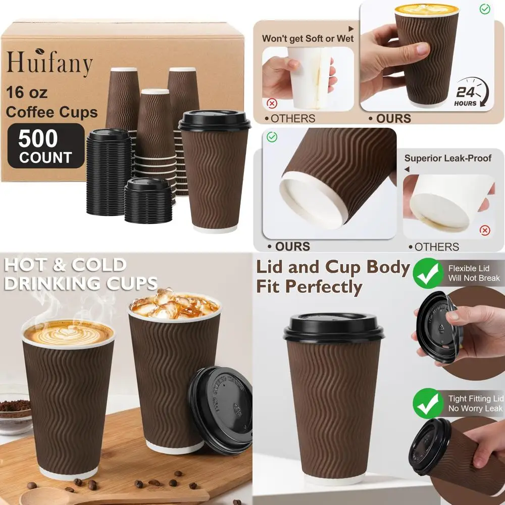 

Disposable Insulated Coffee Cups with Lids, 500 Pack To-Go Paper Cups for Hot Beverages, Ideal for Takeout and Convenience