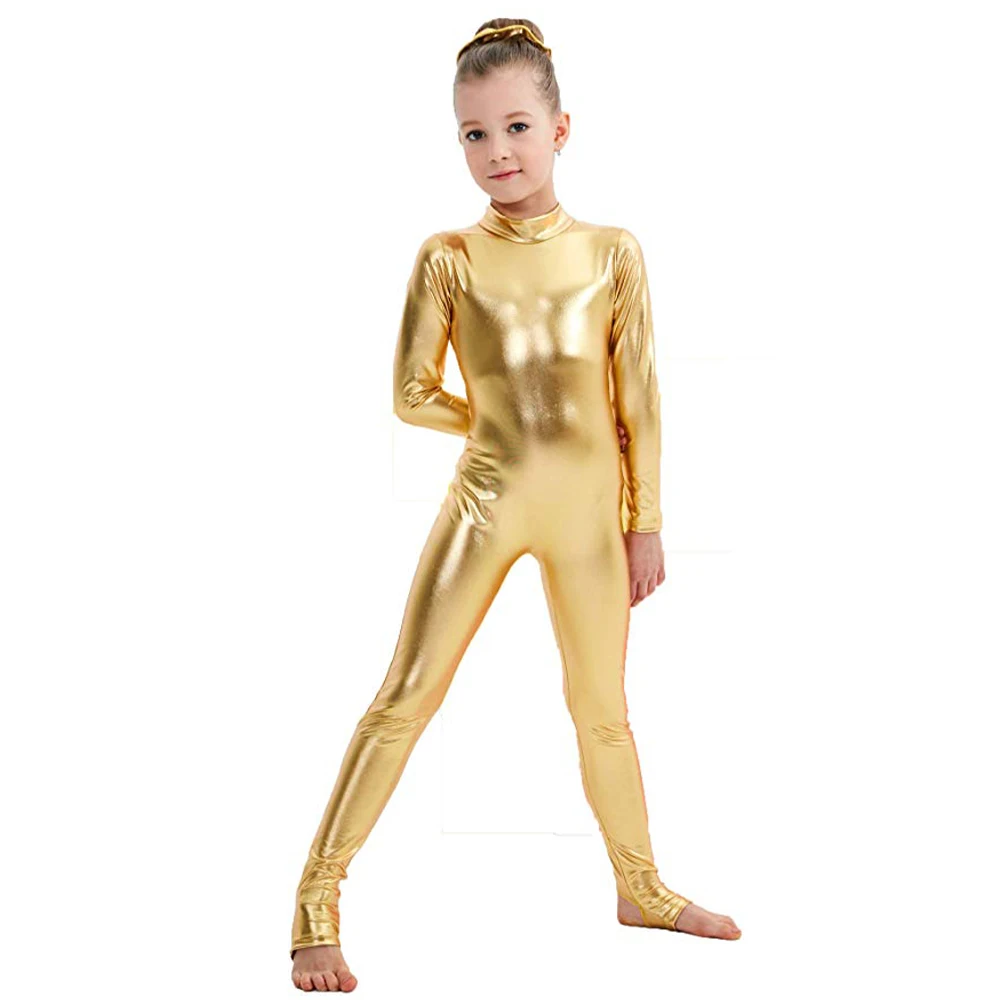 AOYLISEY Girls Shiny Metallic Unitards Stirrups Dance Wear Gymnastics Leotards Boys Long Sleeve Stage Performance Costumes 2023