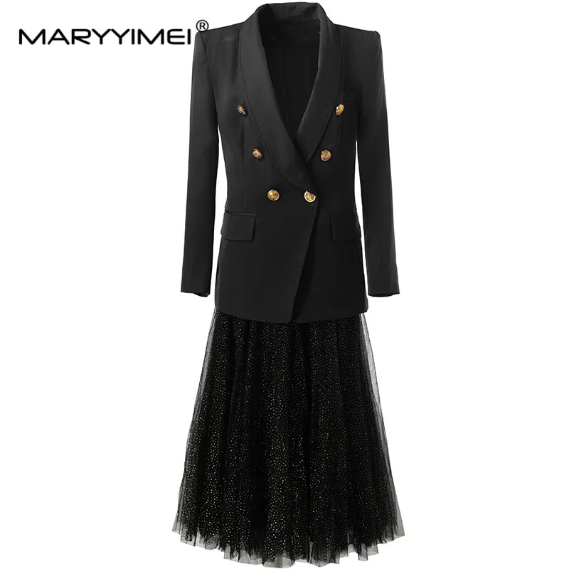 MARYYIMEI Spring Summer Women's Suit Long-Sleeved Double Breasted Solid Tops+Black Underlay skirt Elegant Two Piece Set