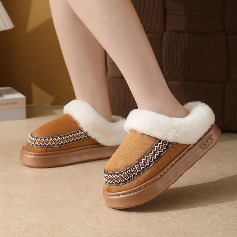 Ladies Men Autumn Winter Lace Cotton Slippers Thickened Non-slip Indoor Slippers Women Gent Soft-soled Warm Home Shoes Mule Shoe