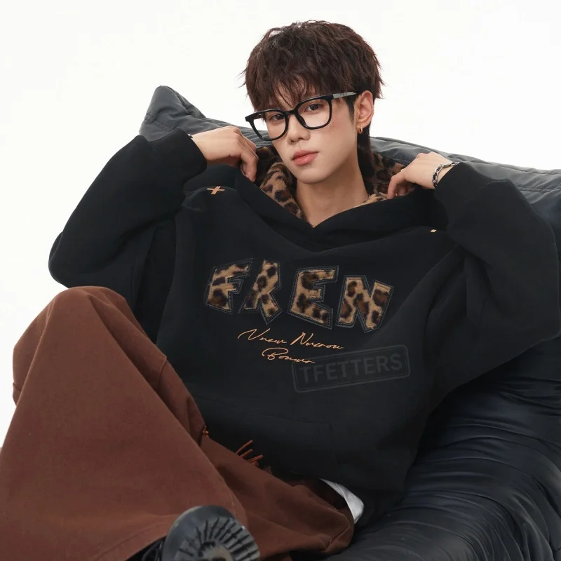 TFETTERS 2026 Autumn Hooded Sweatshirt Men Heavy Weight Leopard Letter Patch Embroidery Inner Hood Splice Loose Streetwear Top