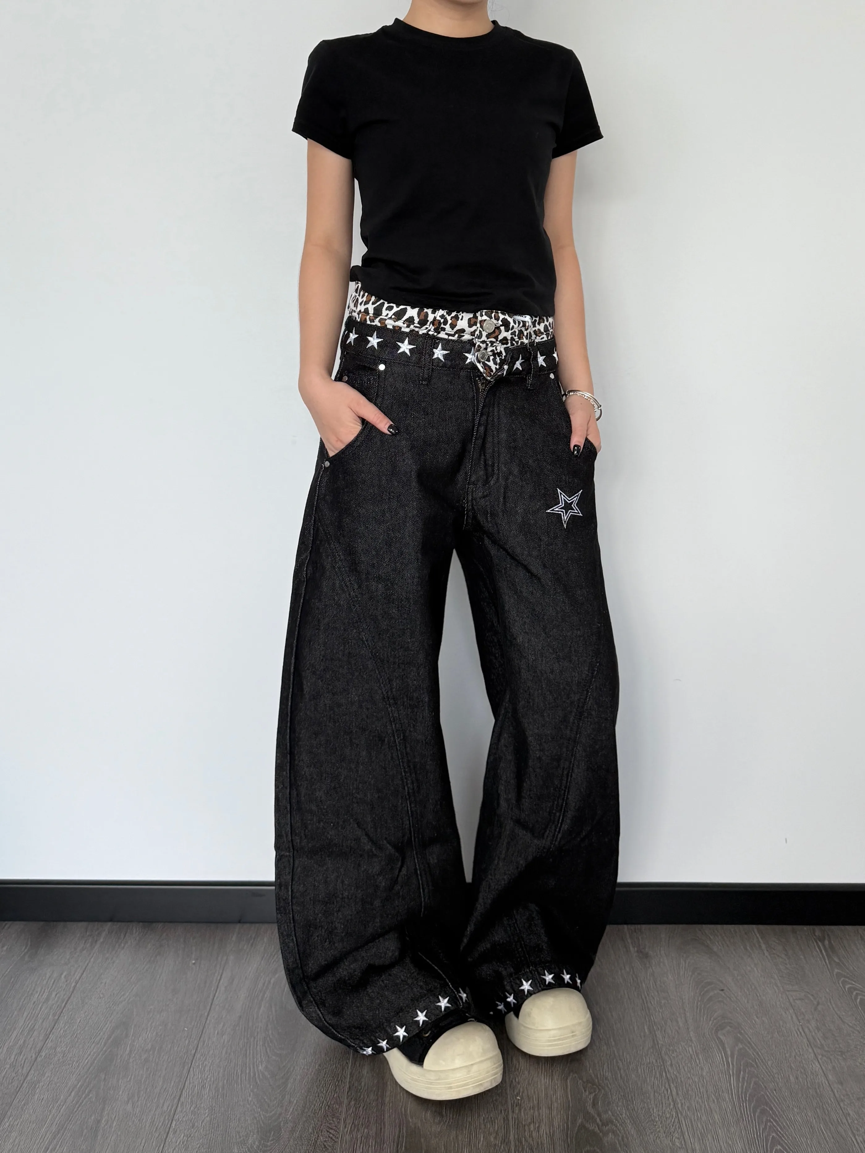 Retro American Street Dark Star Embroidery Leopard Print Double Waist Knife  Jeans Wide Leg Long Trousers for Men And Women