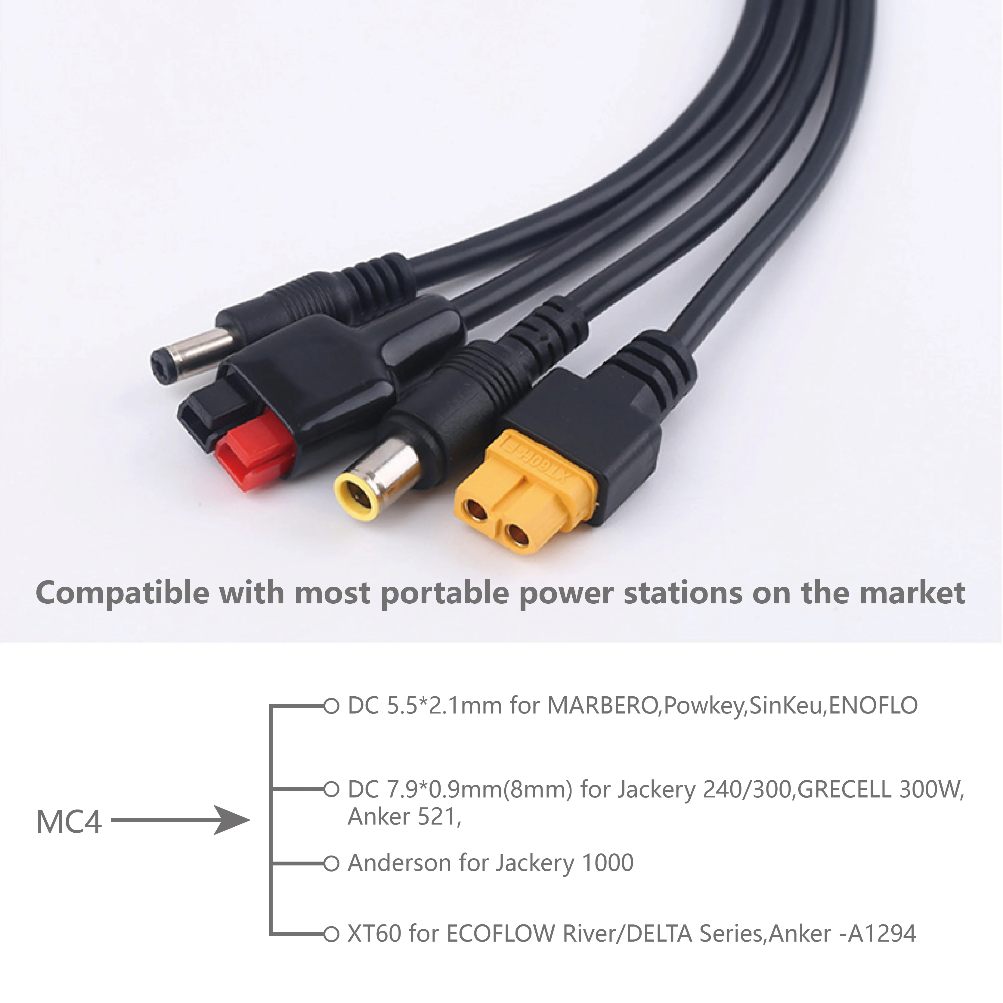 Solar Panel Connector Adapters for Power Station,4-in-1 Solar Panel charging cable kit for XT60/Anderson/DC5521/DC7909