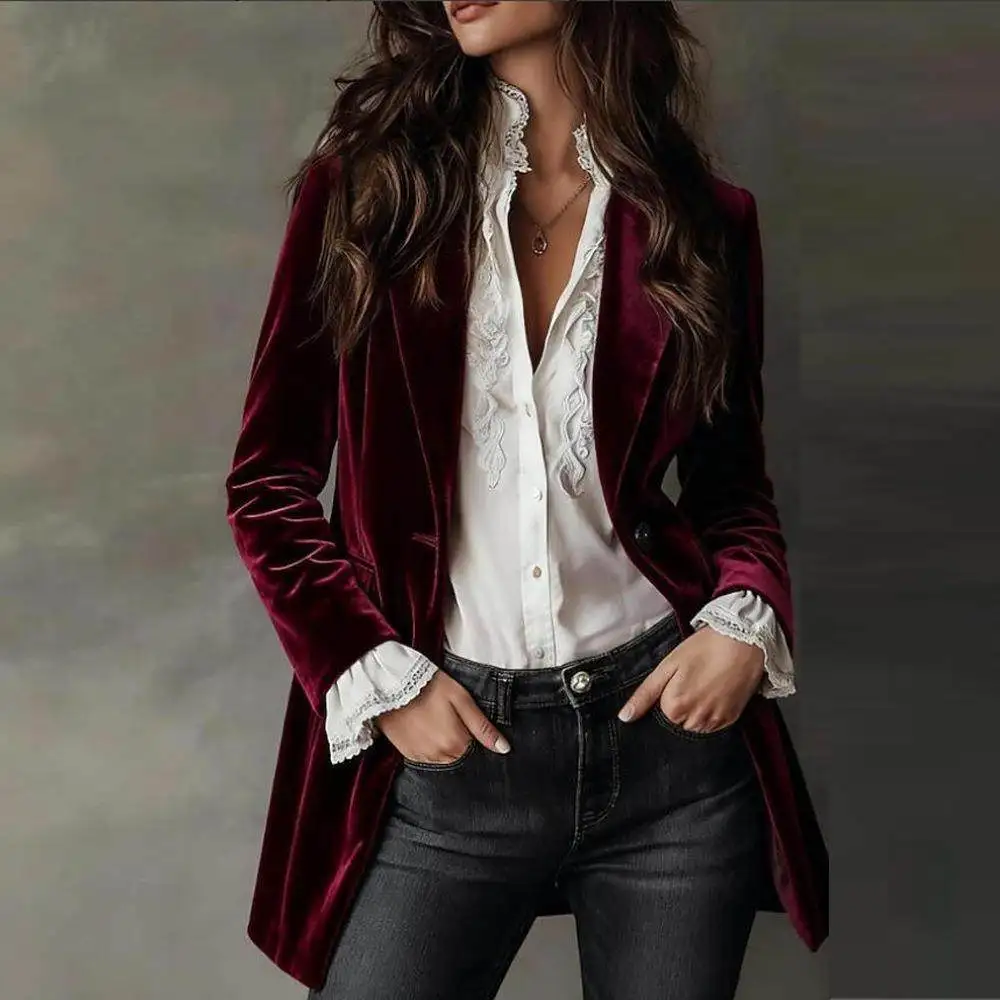 

Retro Faion Slim Fit Velvet Suit Jaet Long Sve Women's Open Cardigan Ele Simple Sle Casual Busin Wear