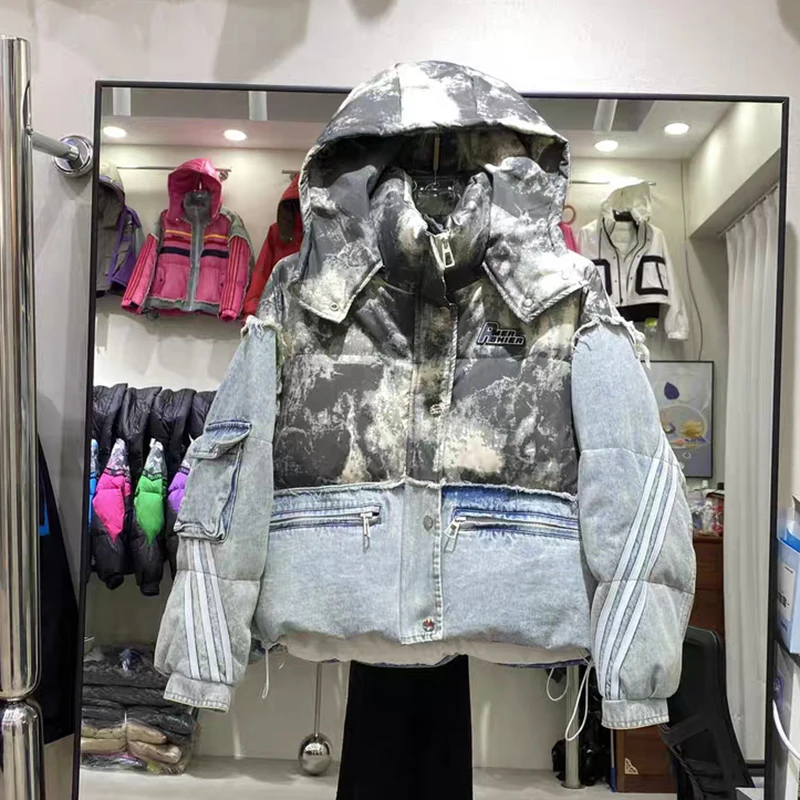 Winter Denim Gespleißt Abnehmbare Kapuze Kurze Unten Jacke Weibliche Dicke Warme Parka Outwears Frauen Weiße Ente Unten Patchwork Jacken