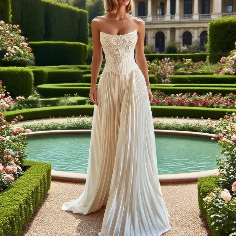 

A-Line Pleat Wedding Dress Women Boat-Neck Applique Open Back Sleeveless Bridal Gown Vestidos Customized