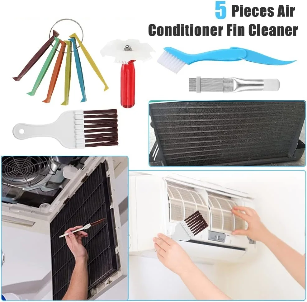 5pcs Air Conditioner Fin Cleaner Kit Different Fins Combs Steel Brush Plastic Whisk Brushes Clean Condenser Evaporator Radiator