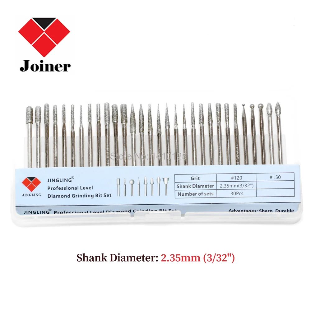 

30Pcs Professional Diamond Coated Grinding Head Set Rotary Burrs Bits Shank 2.35mm 3/32" for Dremel Lapidary Tools for Stone