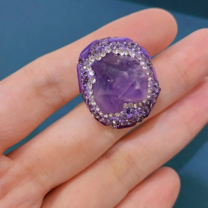 Irregular Raw Amethyst Ring for Women Party French Noble Romantic Style Jewelry Quartz Live Fashion Natural Crystal Inlay Ring