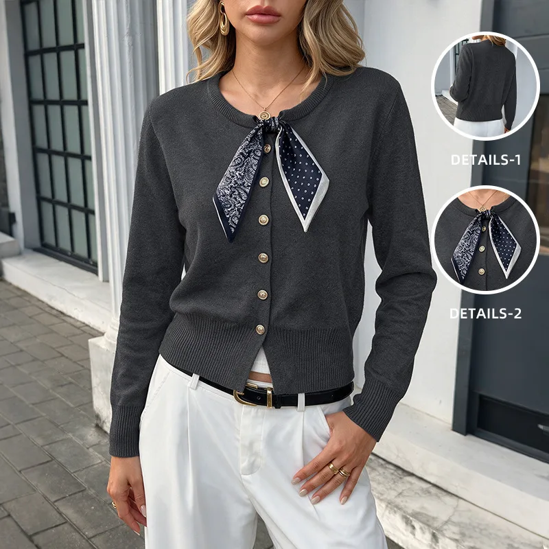 Round neck sweater cardigan with silk scarf - dark gray - S