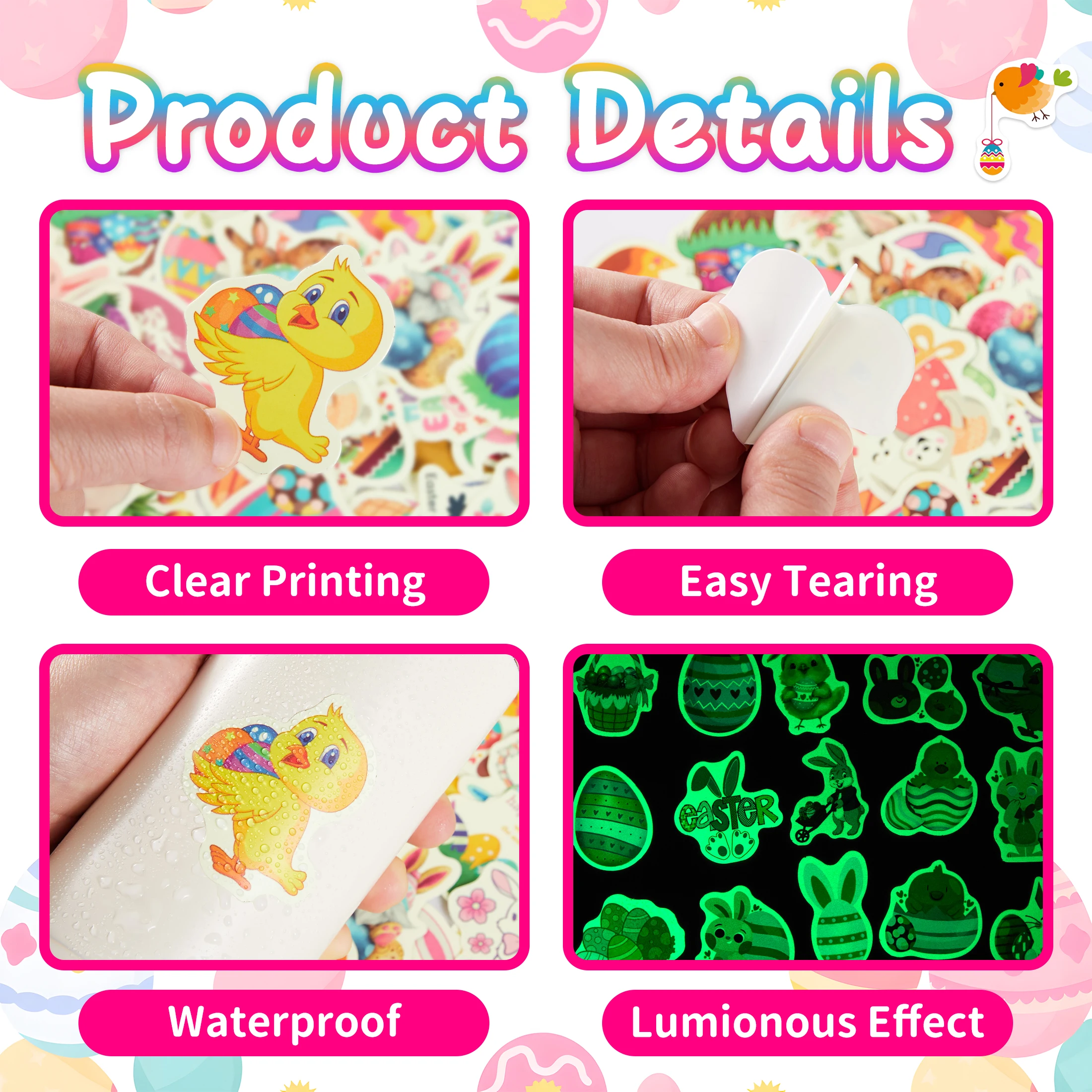 60 stuks paasstickers glow in the dark, paasei ronde stickers voor waterfles, waterdichte vrolijke paasvakantie