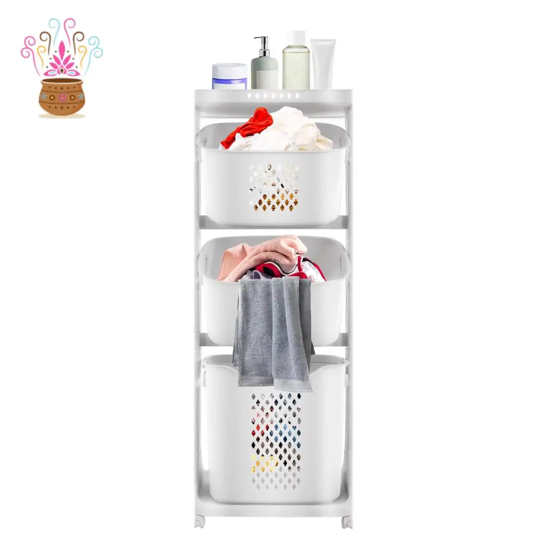 3 Tier Rolling Laundry Hamper, 43cm x 33cm x 109cm White PP Injection Frame 4 Swivel Casters 2 Brake Wheels Hollow Vent Basket Detachable Compartment Household Garment Sorting Trolley
