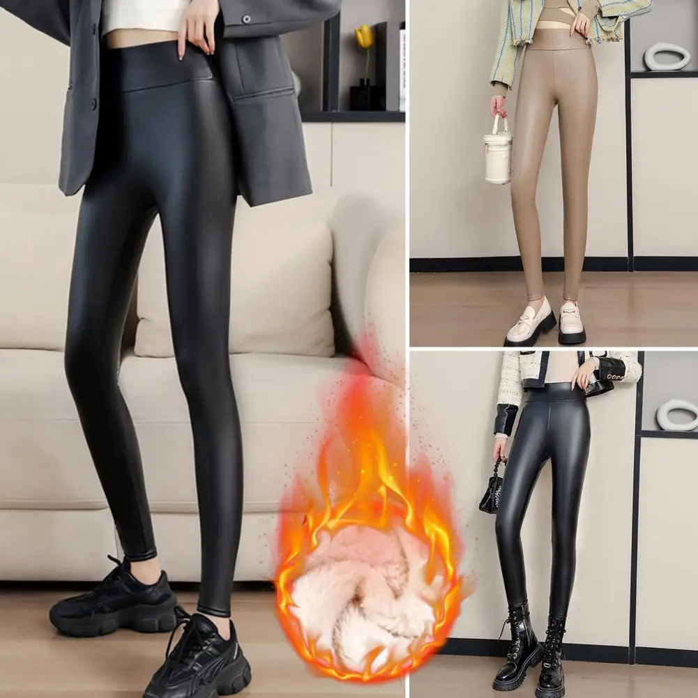 Leggings de couro falso de cintura alta feminina, forro veludo, ajuste fino, elevação, calças de assentamento, à prova de vento, quente, ioga