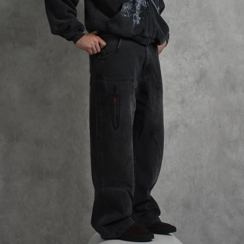 2025 Y2k الأمريكية Harajuku خمر فضفاض الرجال والنساء الشارع الشهير الهيب هوب القوطية التطريز الدينيم الجينز موضة بنطال ذو قصة أرجل واسعة