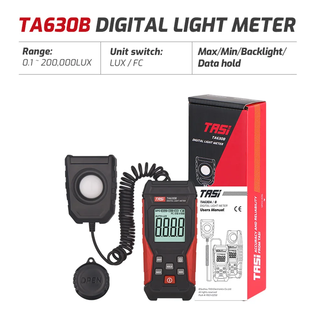 Lux Meter Backlight LCD Display 0.1~200000LUX/0.01~20000FC Light Sensor Tester TA630A TA630B Digital Light Meter luminance