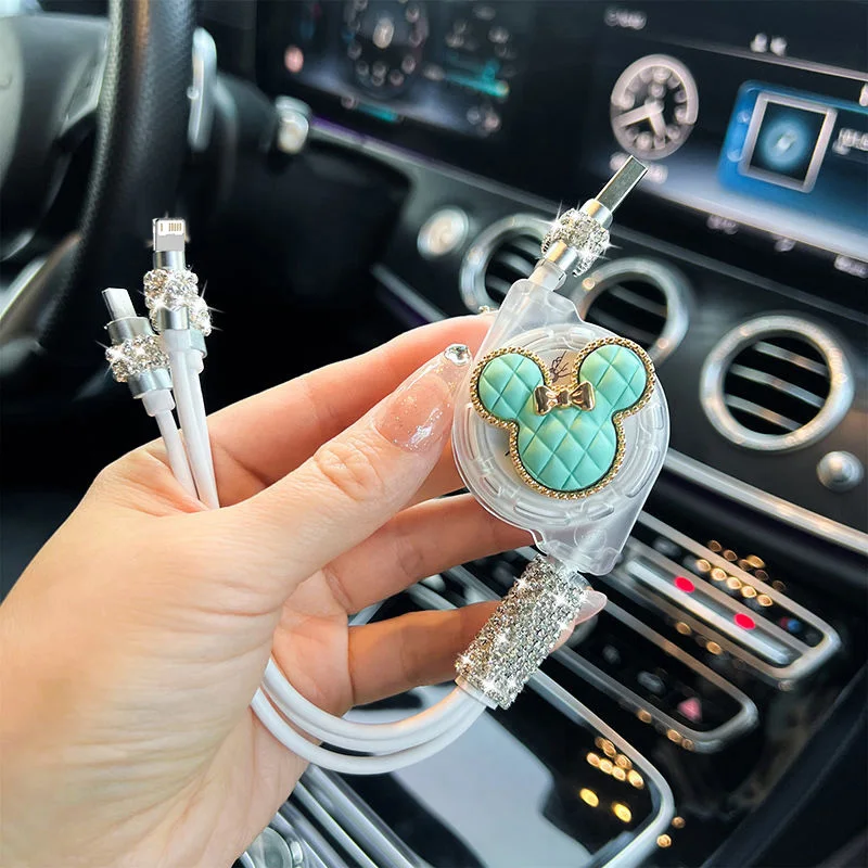 كابل شحن USB سريع للبيانات قابل للسحب من كارتون ميكي 3 في 1 لهاتف آيفون وأندرويد وشاومي وهواوي وسامسونج