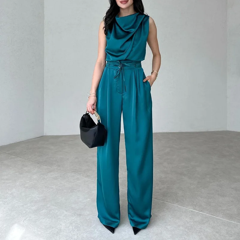 

Новый женский однотонный комплект из прямых брюк без рукавов с высоким воротником и бретельками Z107