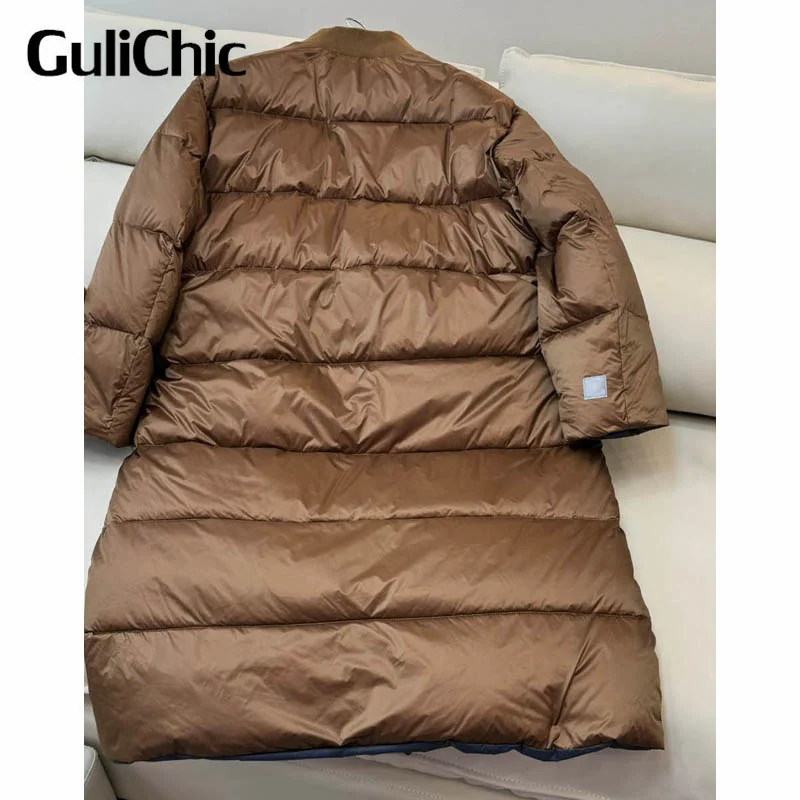 9.23 GuliChic Women 2024 Winter Thick Warm Long Down Jacket Rib Knit Stand Collar Zipper Long Sleeve Female Reversible Coat