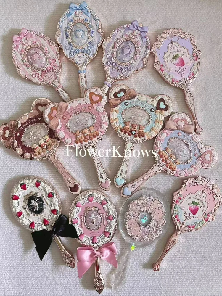 Flower Knows Handheld Makeup Mirror Limited Edition Strawberry Cupid Bunny Garden Bear Relief Pattern for Beauty