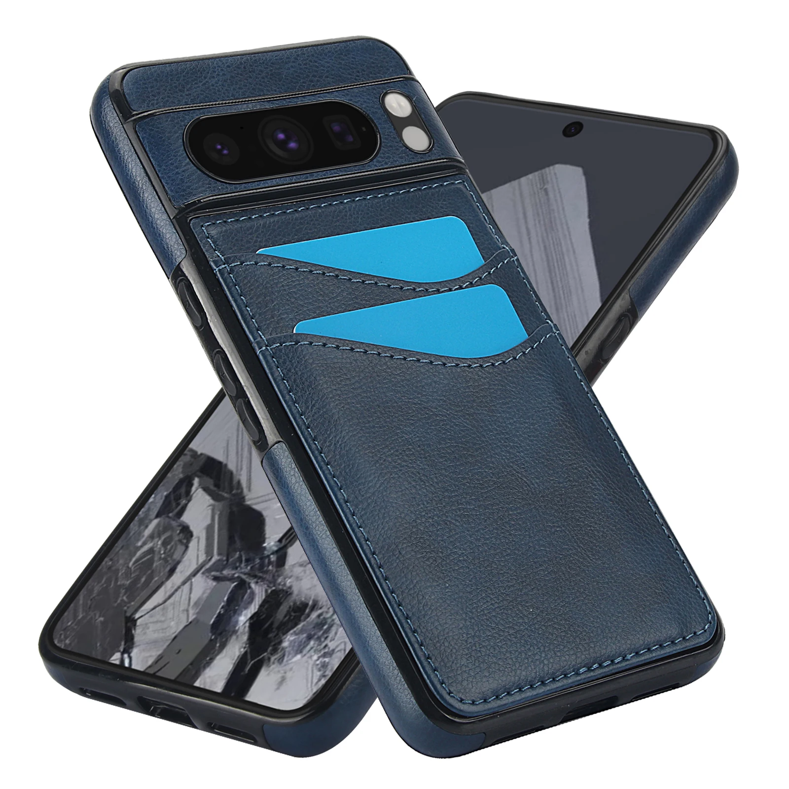 

Shockproof Plain Leather Card Holder Wallet Case For Google Pixel 8 Pro 8A, Anti-Skip Slim Cards Slots Protection Phone Cover