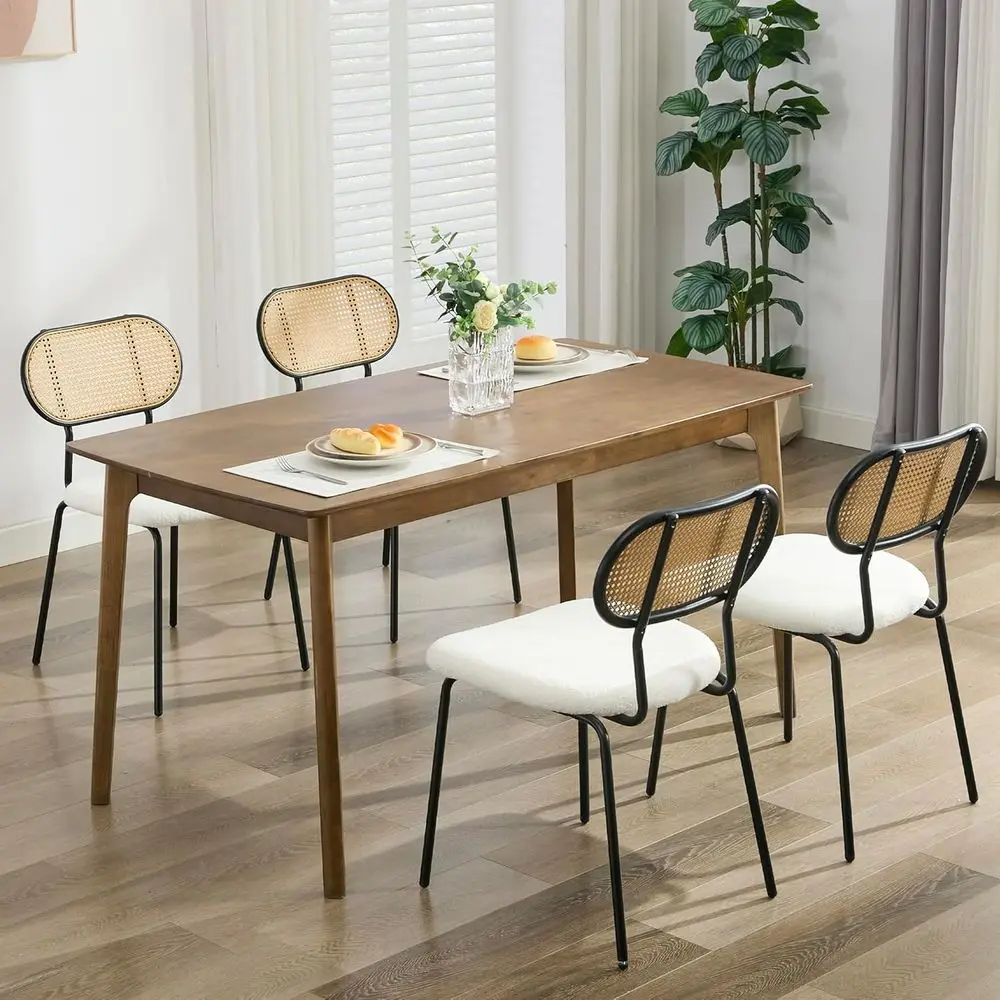 

4-Piece Rattan Dining Chair Set - White Boho Mid Century Modern Upholstered Woven Chairs with Metal Legs