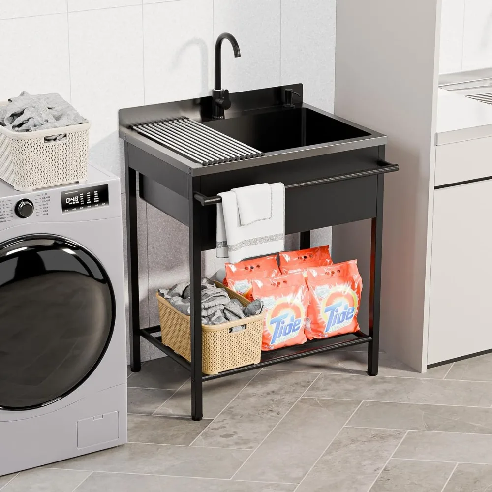 Kitchen Stainless Steel Utility Sink Free Standing with Faucet & Draining Rack