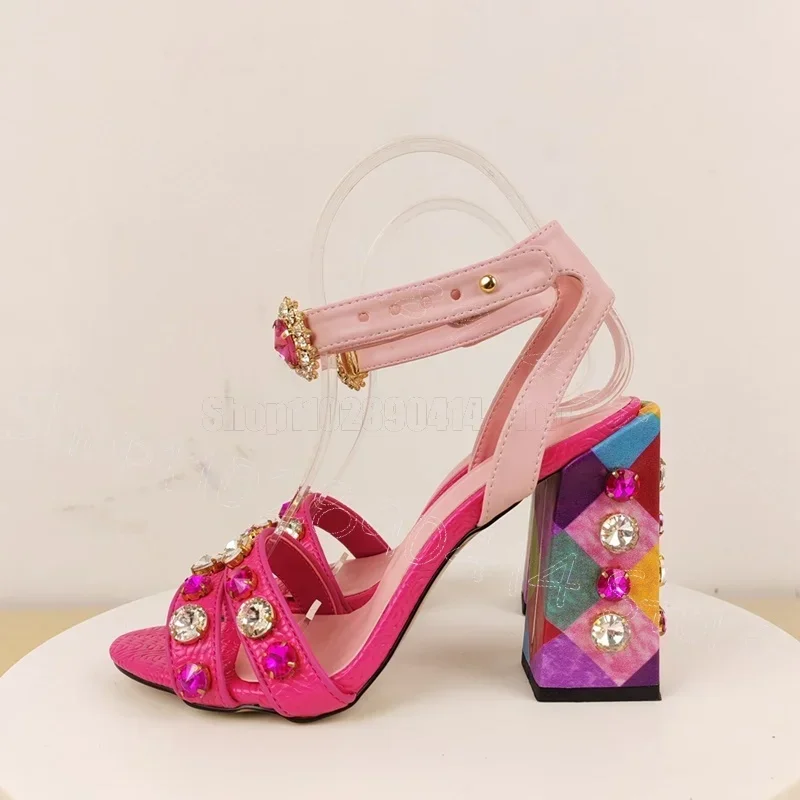 

Colorful Crystal Geometric Print Heel Sandals Buckle Strap Women Shoes Chunky High Heels Party Banquet 2026 Zapatos Para Mujere