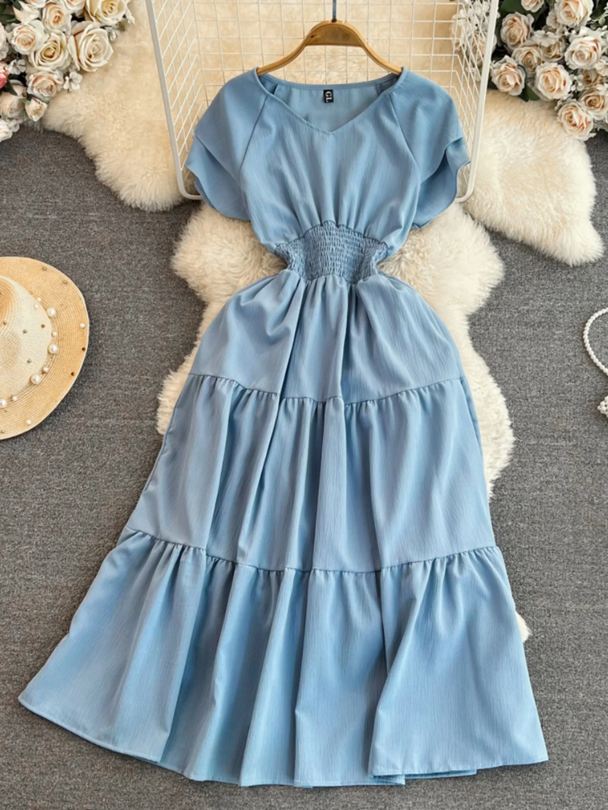 Gentle Wind Pleated V-neck Dress Women Summer Simple Pure Color Double Layer Flying Sleeve Design Orange Bellflower First Lov...