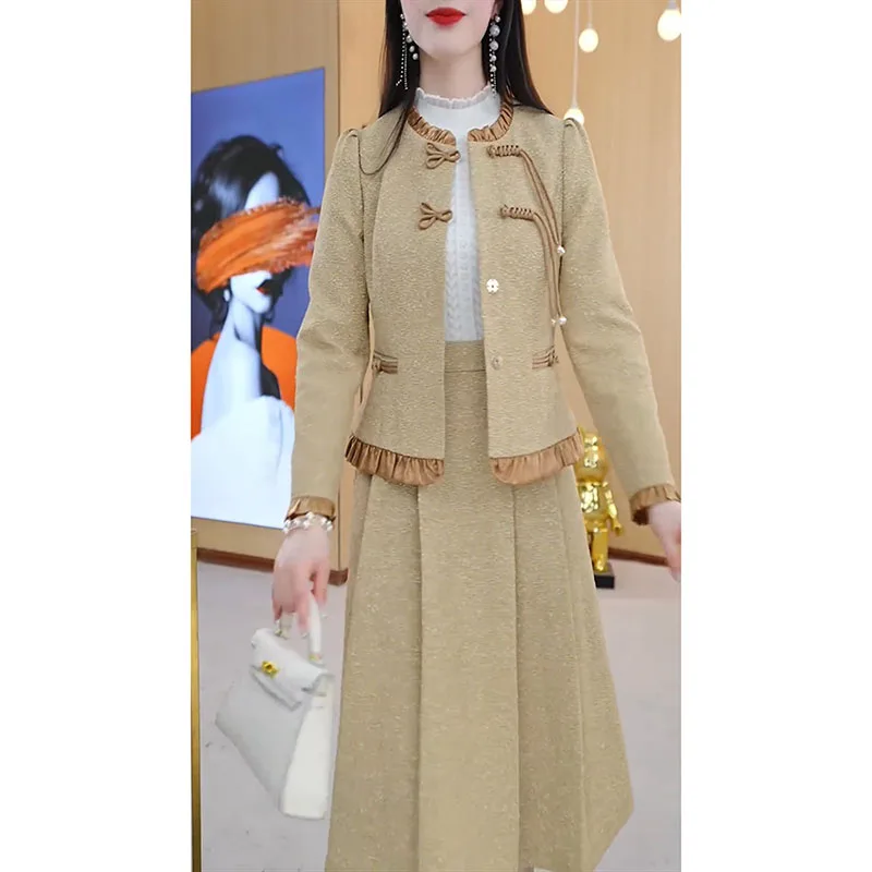 

Элегантный винтажный женский костюм с юбкой, облегающий комплект из двух предметов с длинным рукавом Y2K, модный топ в китайском стиле, осень 2024, 4XL в наличии