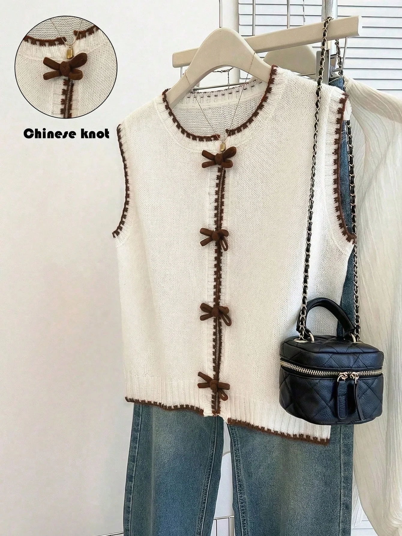 

Ladies Korean Design Contrast Needlework Layered Knitted Vest Fashion Ageless Sleeveless Top Open Cardigan Sweater Vest