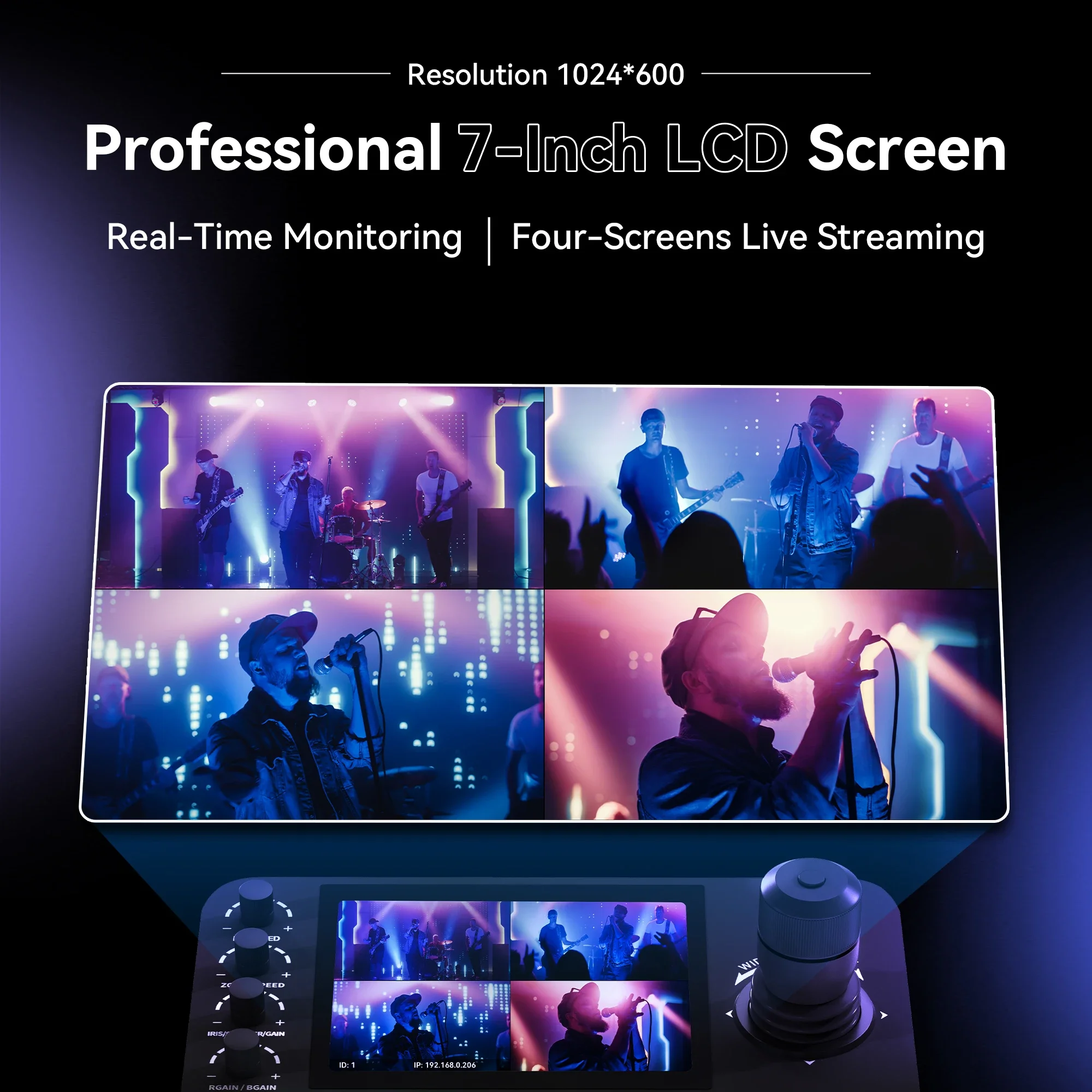 Tenveo NDI PTZ Camera Joystick Controller 7 Inch LCD Quad-Screen Real-time Preview, 4D Joystick Control Keyboard POE