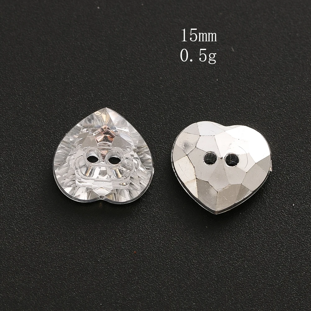 6pcs15mm AB Silver Crystal Heart Buttons 2 Holes Glass Prism Faceted Clothing Decoration Crafts DIY Handmade Sewing Clothes