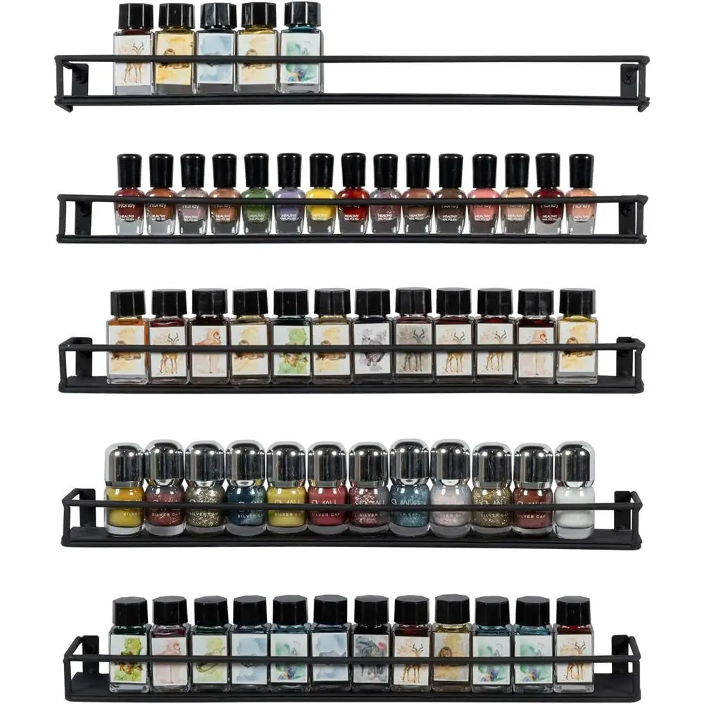 

Set of 5 Black Metal Wall Shelves for 16-Inch Nail Polish & Essential Oils, Kitchen Rack for Spices & Seasoning