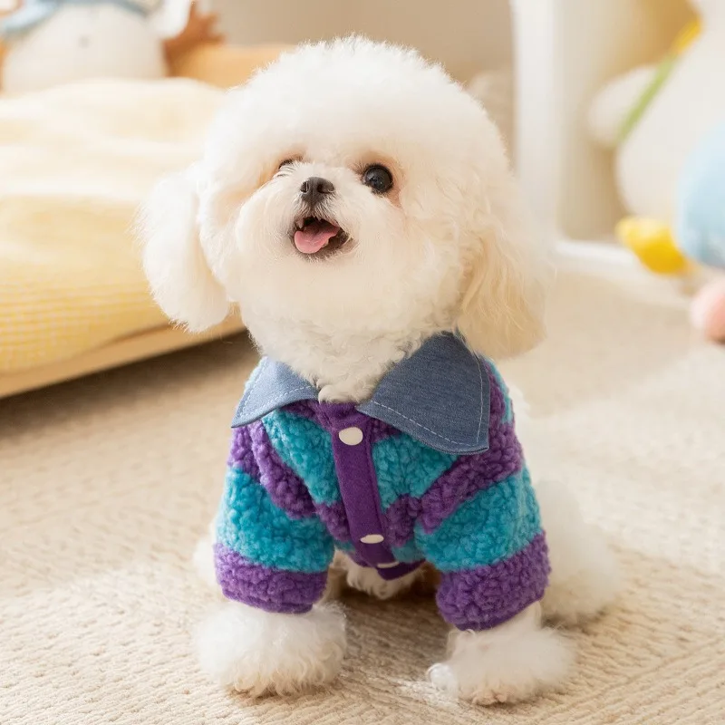 Colourful Striped Shirt Collar Dog Clothes Thickened Warm Pet Two Legs Fleece Coat Winter Teddy New Coat Puppy Clothing XS-XL