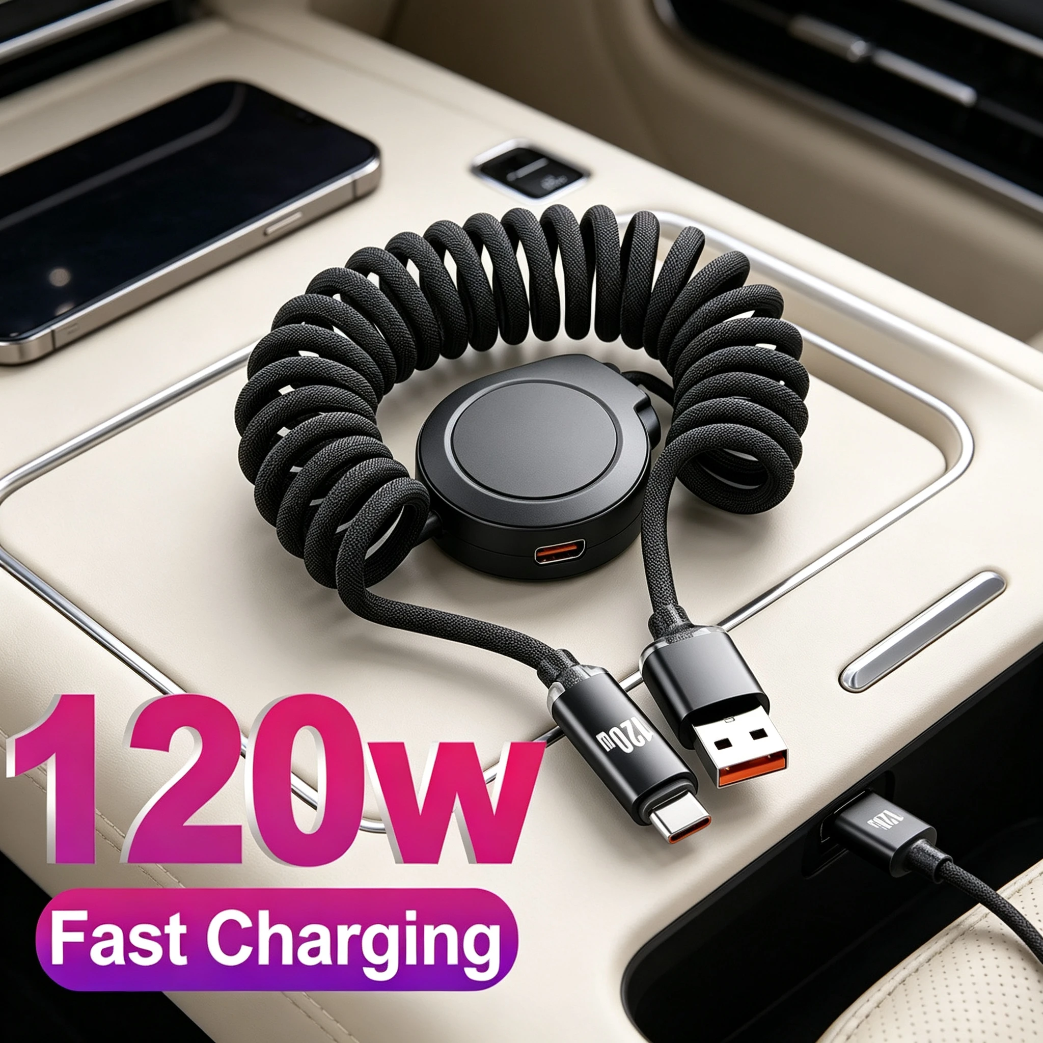 120W Spring Telescopic Type C to Type C Fast Charging Cable For iPhone Samsung Xiaomi Quick Charge Mobile Phone Charging Cable