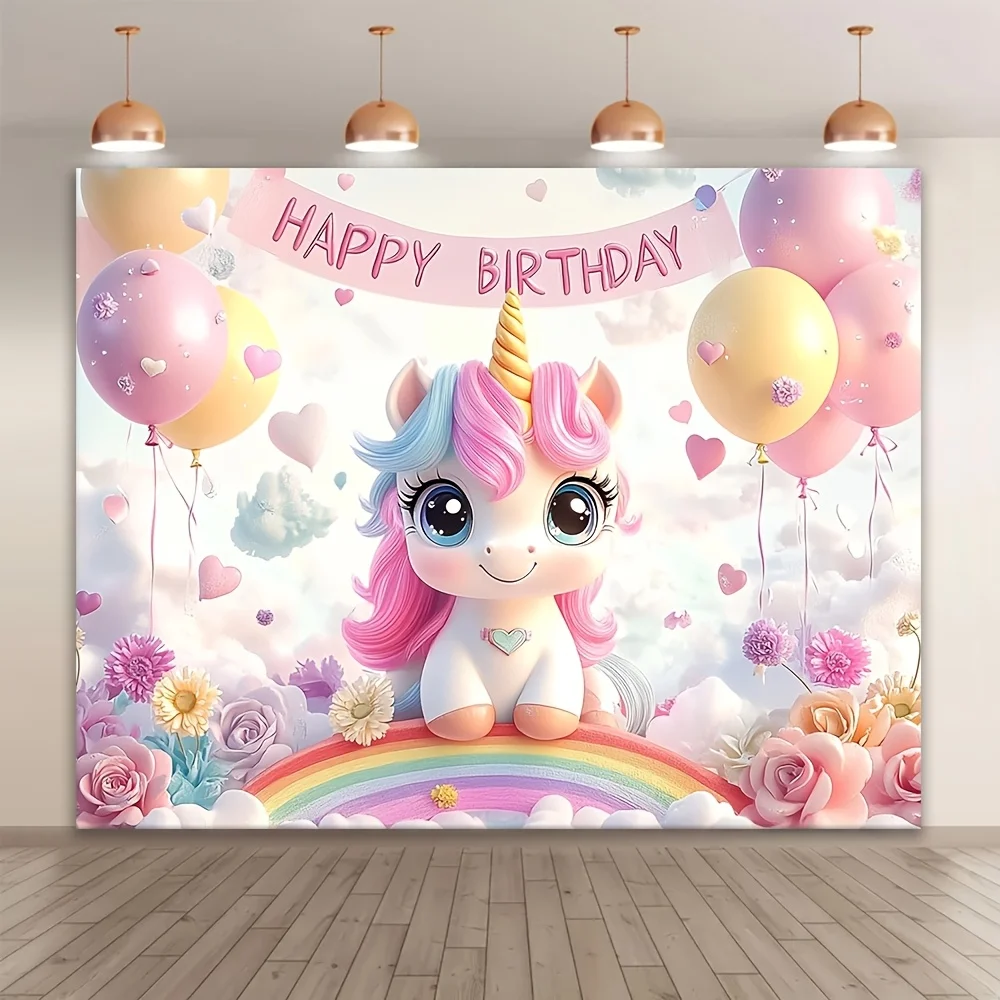 Charmant fond d'anniversaire licorne rose - polyester, célébration extérieure et décoration magique, fête d'anniversaire licorne