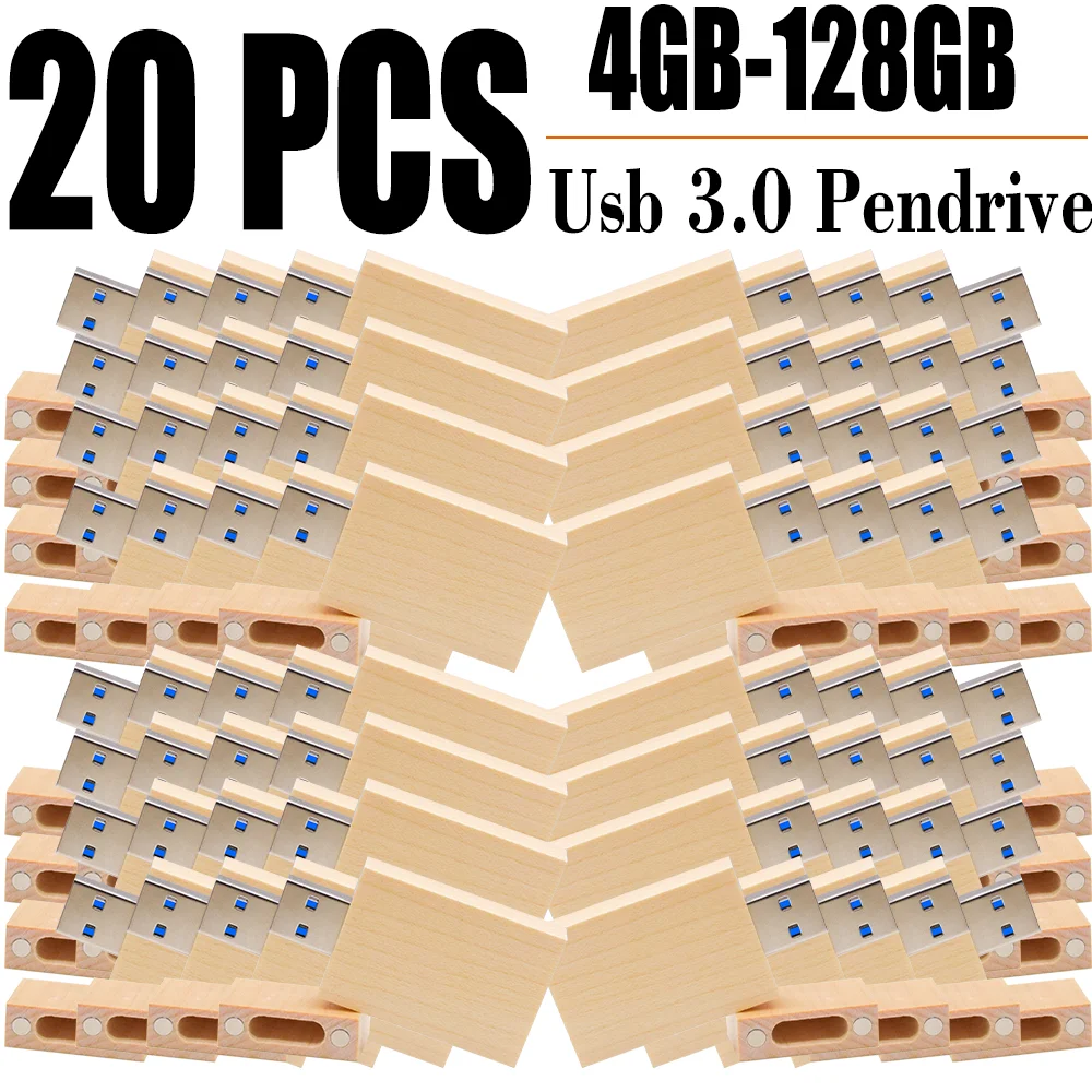 20PCS/LOT Wooden USB 3.0 Flash Drives 128GB High speed Pen drive 64GB 32GB with Box Memory Stick Creative gift U disk for Laptop
