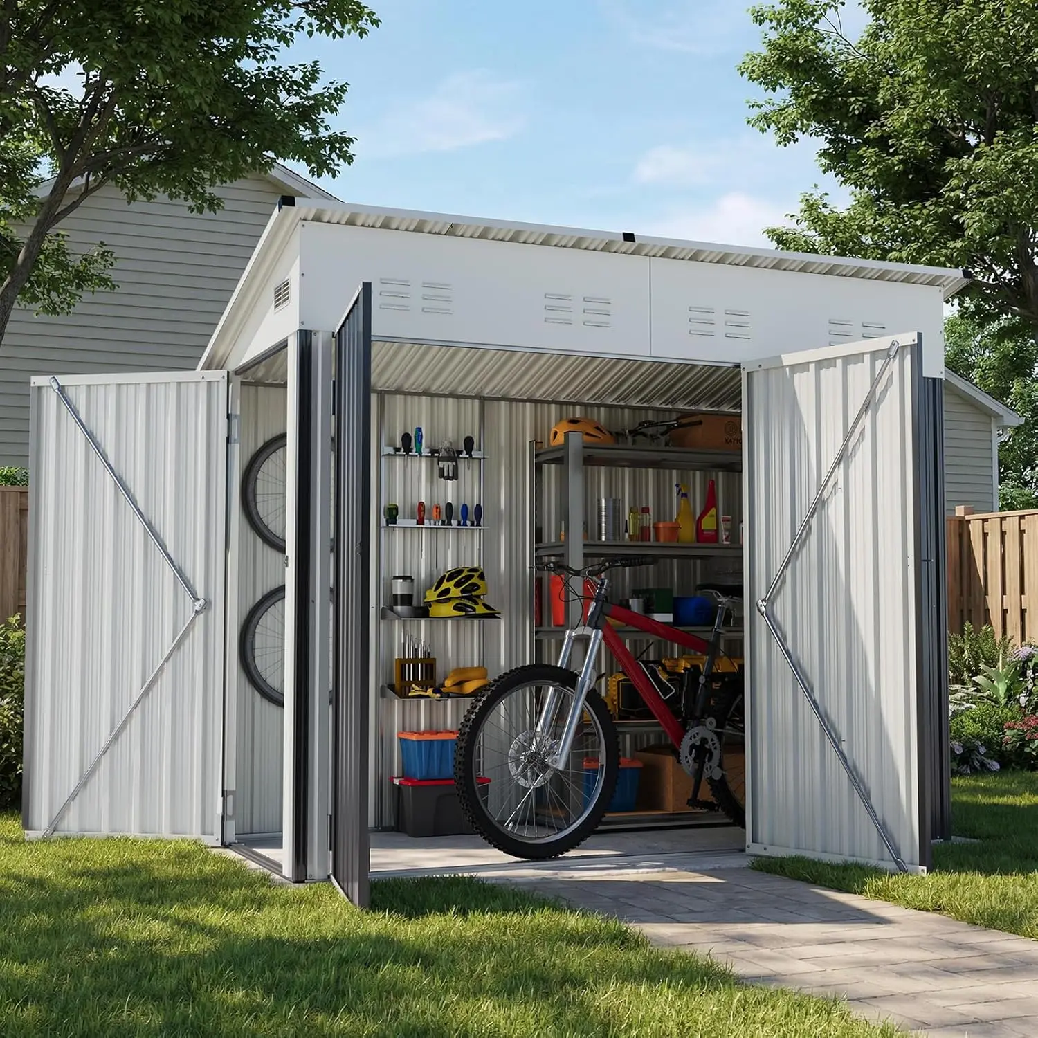 

Металлический уличный сарай 8x4 фута (93x42x79 дюймов) для хранения инструментов, велосипедов, газонокосилок, водонепроницаемый, нержавеющий, стальной, для двора, на заказ