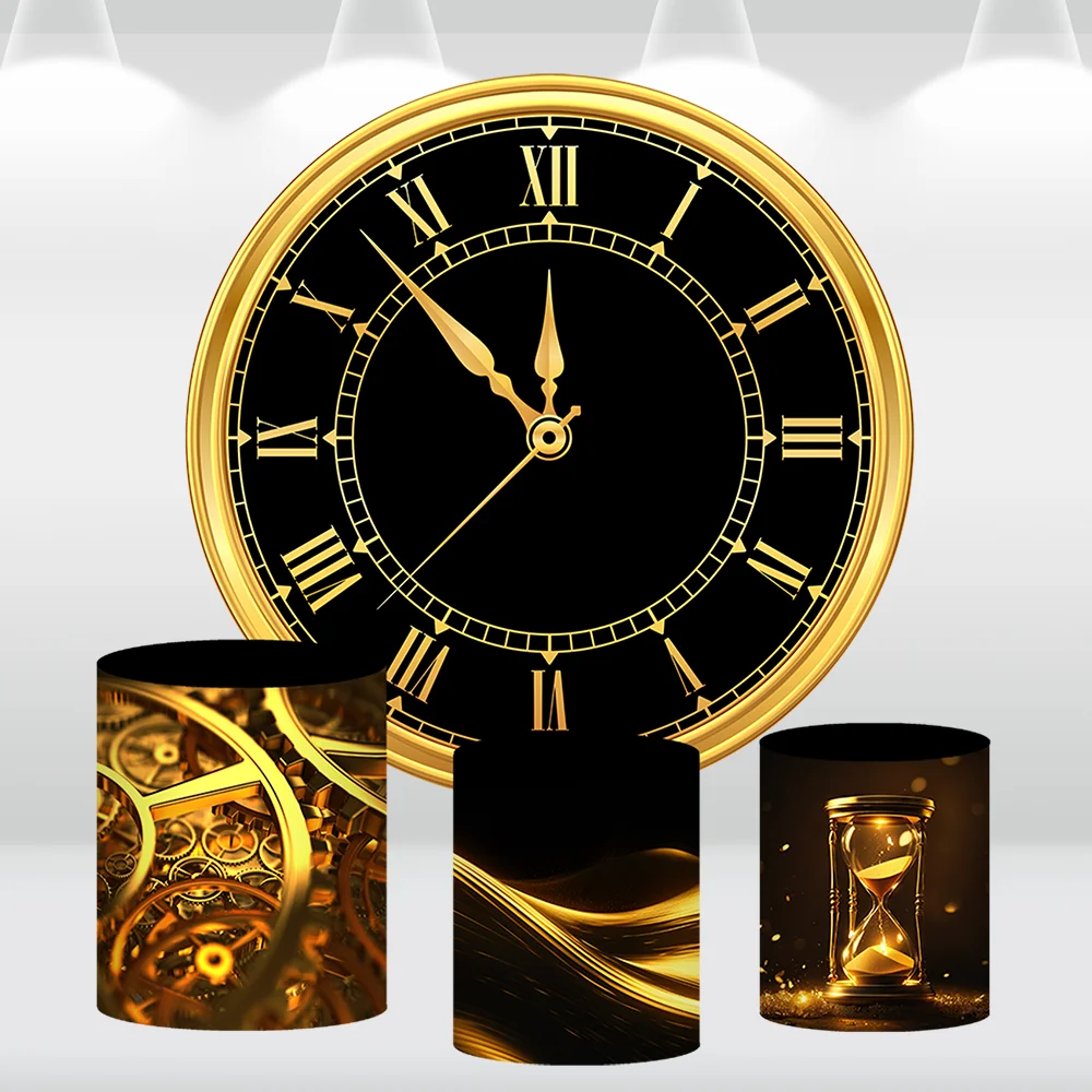 สุขสันต์วันปีใหม่ฉากหลังวงกลมกลมฝาครอบนาฬิกาสำหรับปาร์ตี้นาฬิกาสีดำและสีทองอุปกรณ์สำหรับถ่ายรูปวันเกิด
