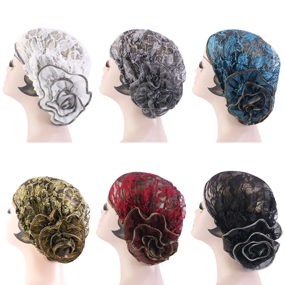 Sweet Lace Flower Turban Hat Elastic Breathable Wrap Chemo Cap Muslim Hair Bonnets Hair