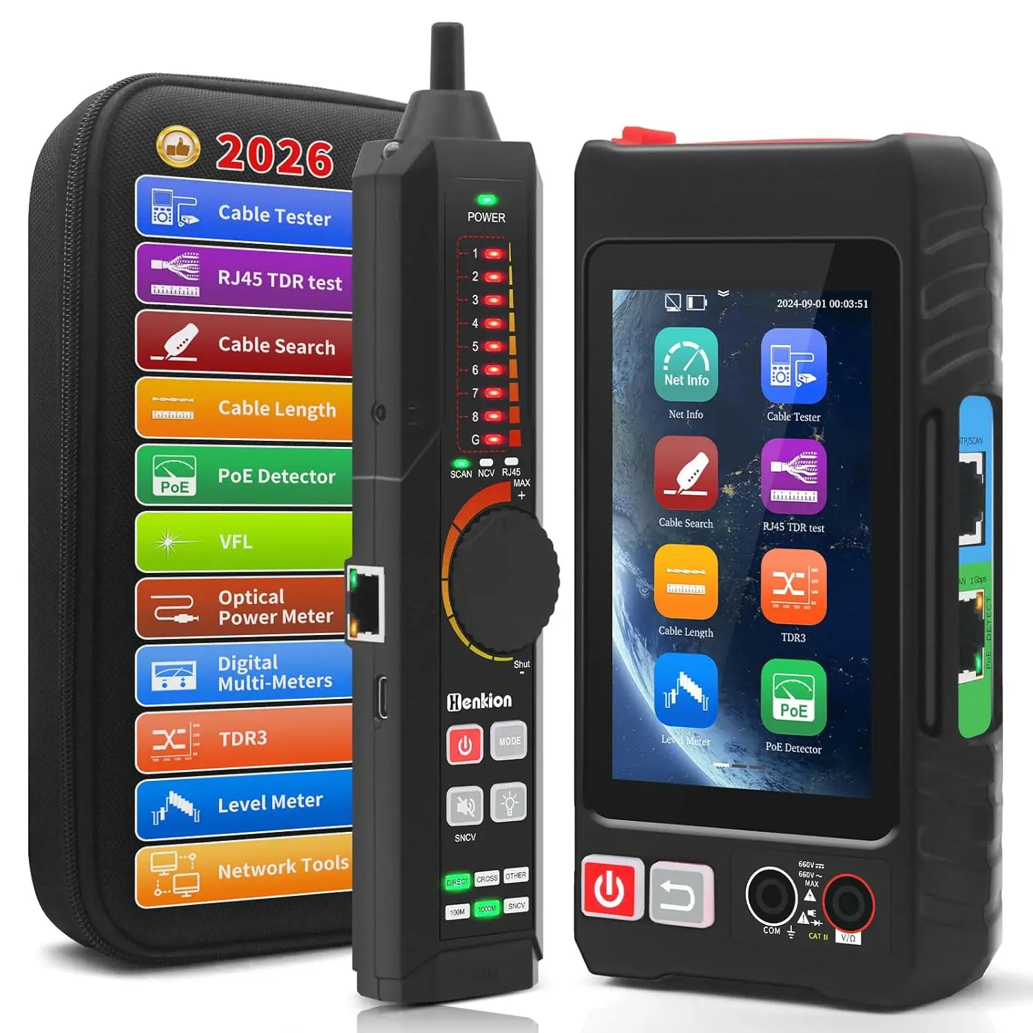 

Multifunction RJ45 Network Cable Tester, 4" IPS Touch Screen, TDR, DMM, OPM, POE++ Detect, Ethernet Tester