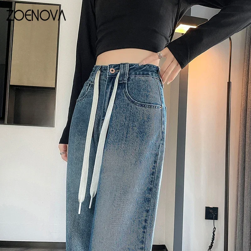 ZOENOVA-Pantalon à jambes larges pour femmes, jean décontracté, mode, lacets, taille haute, vintage, adt, fjj, droit, printemps, nouveau, 2024