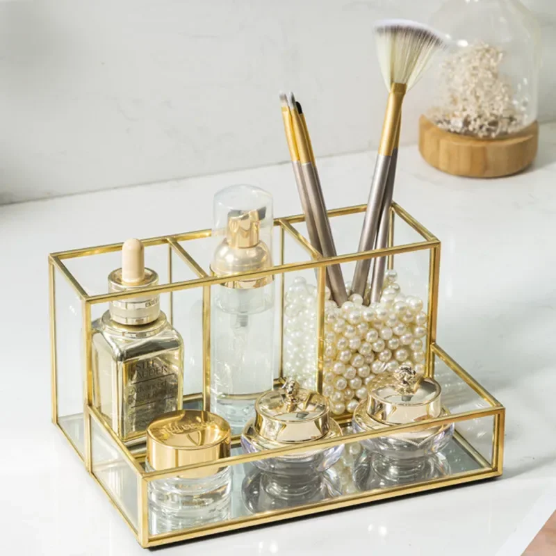 Luxury Makeup Brush Blush Brush Storage Bucket Glass Metal Ornaments Home Decoration Desktop Table Makeup Storage Tube Organizer