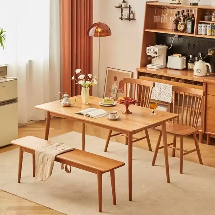 Nordic solid wood dining table household small apartment furniture cherry wood log rectangular table simple