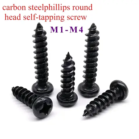 탄소강 니켈 도금 블랙 스틸 소형 필립스 라운드 헤드 태핑 나무 나사, M1 -M1.8 M2 M2.3 M2.6 M3 M3.5 M4