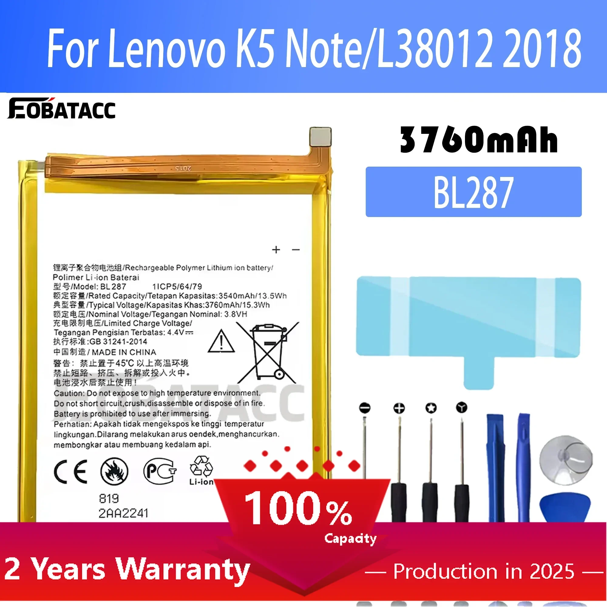 100% новый оригинальный аккумулятор BL287 для Lenovo K5 Note/L38012/2018 г., аккумулятор + бесплатные инструменты