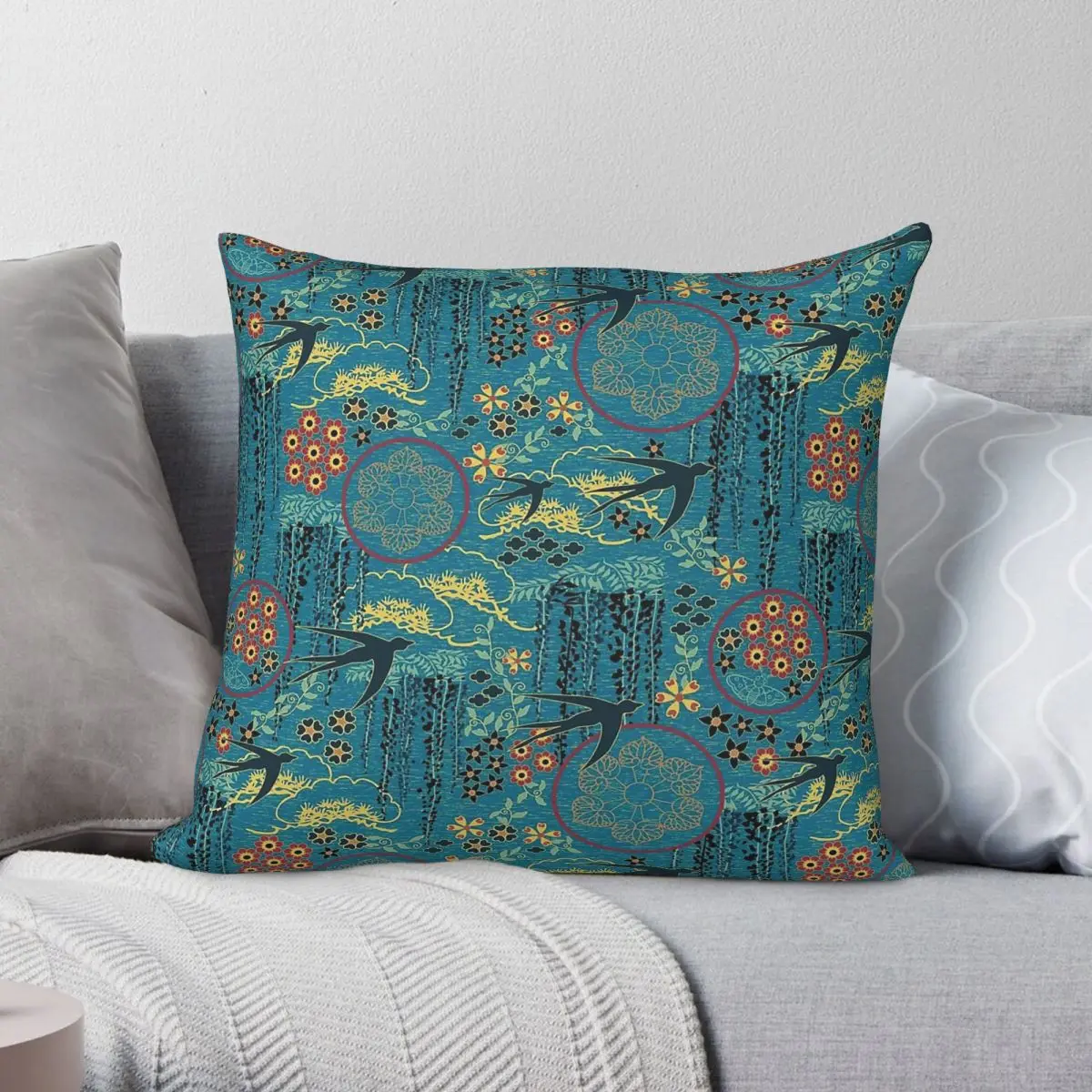 Japanese Garden Swallows Swoop Square Pillowcase Polyester Linen Velvet Printed Zip Decor Room Cushion Cover 18
