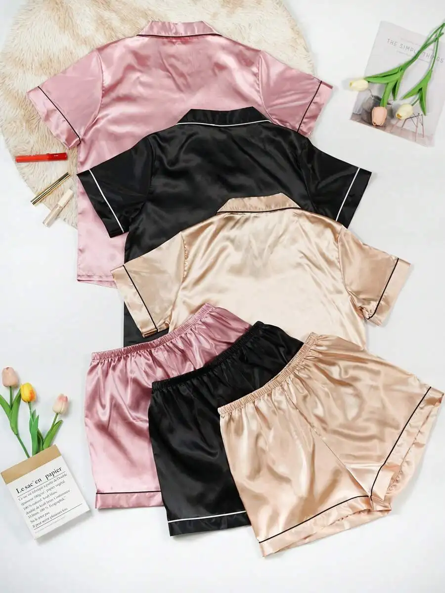 

3pcs Solid Color Satin Pajama Sets Women Short Sleeve Buttoned Collar Top And Shorts Loungewear